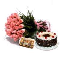 Pink Roses Bouquet , Ferrero  &  Cake