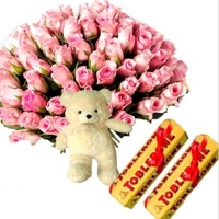 Pink Roses with Teddy N Chocolates